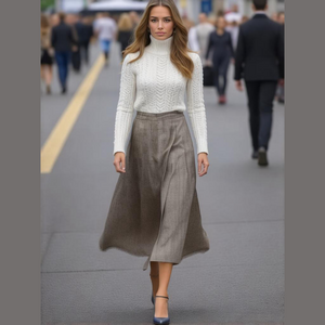 80s LINEN HIGH WAISTED WOVEN GRAY PREPPY EFFORTLESS PLEATED MIDI SKIRT SZ M